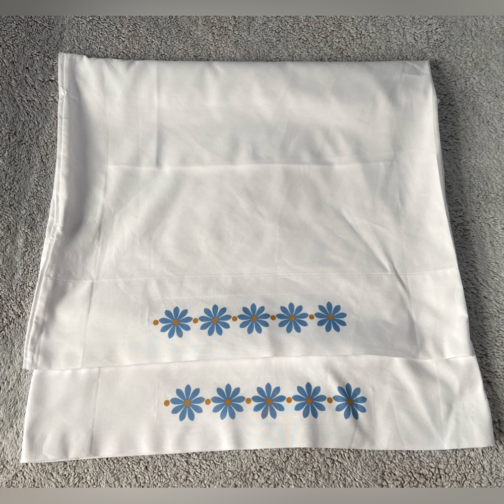 (2) White Pillowcase with Blue Floral Design